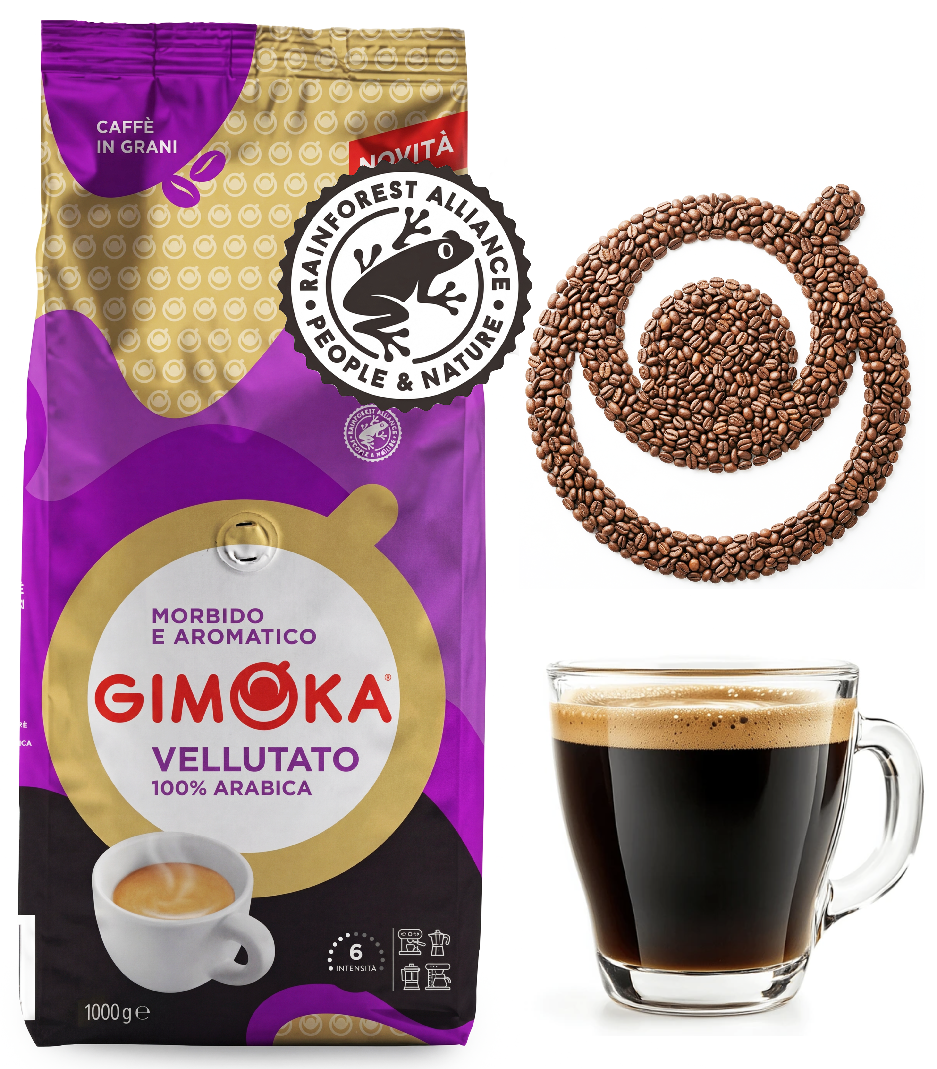 Gimoka Vellutato %100 Arabica Çekirdek Kahve — 1kg | Yağmur Ormanı Sertifikalı - Gimoka